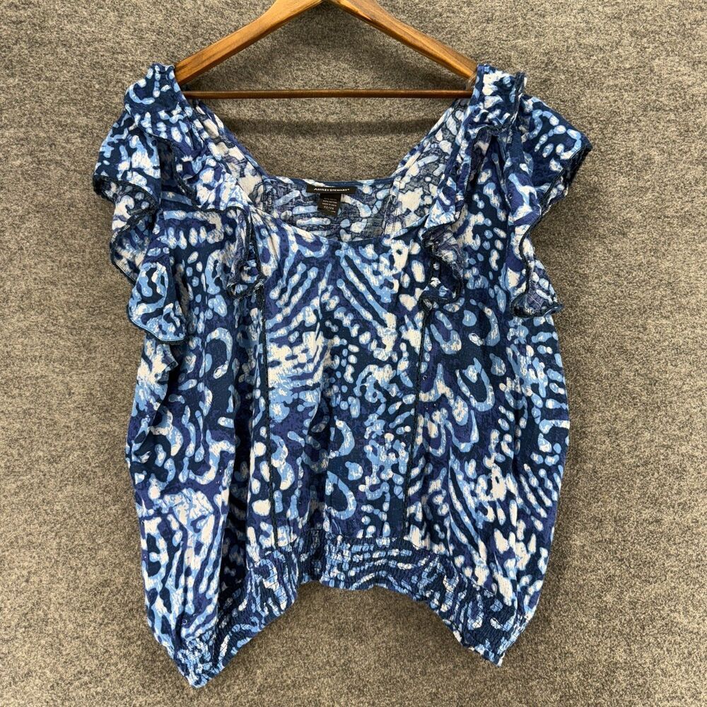 Ashley Stewart Blouse Women 22/24 Plus Blue Geometric Short Sleeve Cotton Casual